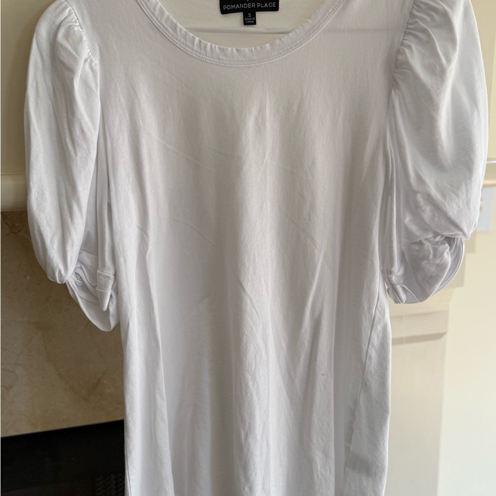 Pomander Place White Ruched Puff Sleeve Blouse